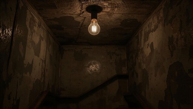 Lit bare incandescent bulb glowing in basement stairwell, with concrete stairs and wooden handrails - Powered by Adobe