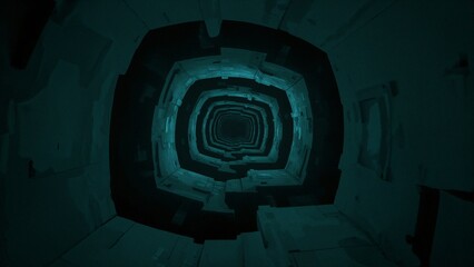 Spiraling rectangular tunnel panels drawing viewer inward in 3D space, with teal lighting accents