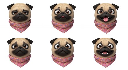 Pug dog faces set diverse expressions