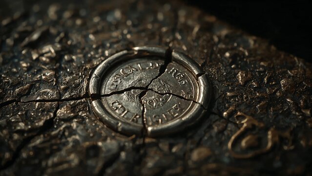 Showing circular metal seal embossed with emblem on dark surface, with radial cracks and brass hook