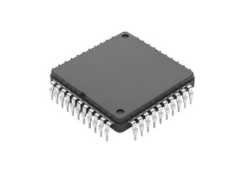 Modern microprocessor chip with many pins isolated on transparent background