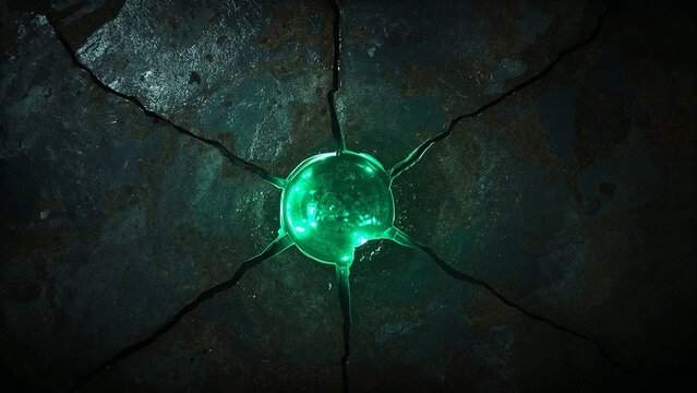 Glowing green orb emitting neon light inside corroded metallic wall, with radial cracks - Powered by Adobe