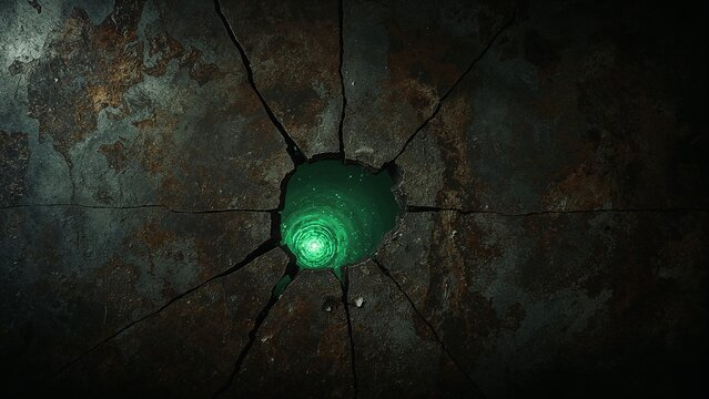 Green vortex glowing and swirling through circular hole in rusted metal plate with radial cracks