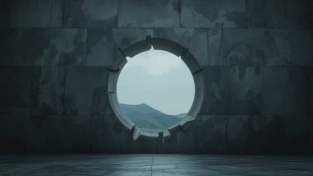 Framing circular aperture revealing rolling mountains in concrete interior, with weathered textures - Powered by Adobe