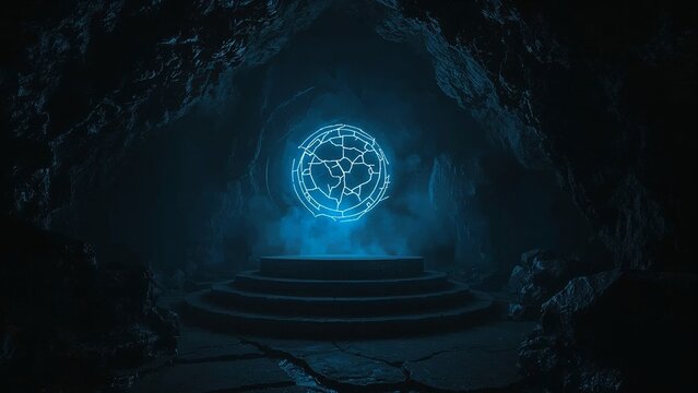 Floating blue holographic sphere casting mist and light on cracked floor in cavern, with pedestal - Powered by Adobe