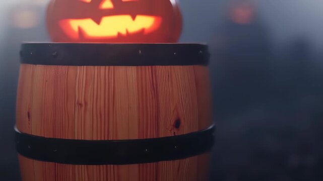 Halloween themed display. A carved pumpkin with an illuminated face sits atop a wooden barrel