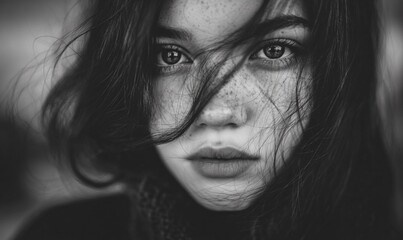 Fototapeta premium PORTRAIT MONOCHROME RAPPROCHÉ D'UNE JEUNE FEMME AUX CHEVEUX AU VENT
