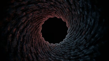 Swirling metallic blocks vortex spiraling inward in digital tunnel, with red blue gradient lighting