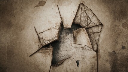 Revealing damaged plaster exposing rusted lath mesh on interior wall, loose fragments and cracks