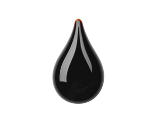 A single glossy black teardropshaped droplet with a smooth reflective surface and a distinct ambercolored tip.