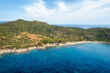 Fototapeta premium Stunning drone aerial view of Capo Ferrato's pristine beach in t