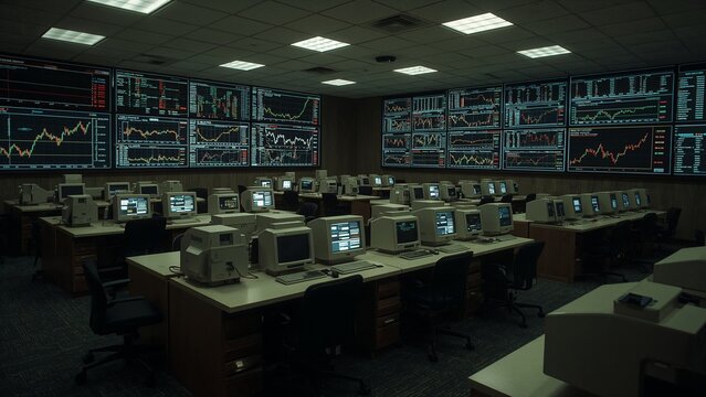 Display panels showing financial data on trade floor with CRT monitors, keyboards and mice