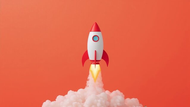 Blasting off rocket ship launching in graphic design studio, with flame plume and smoke clouds