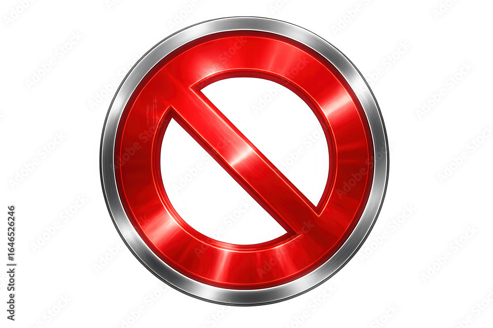 Poster glossy red prohibition sign mounted within metallic frame, signaling restrictive warning against una