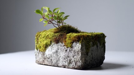 Miniature moss garden in stone planter, studio shot