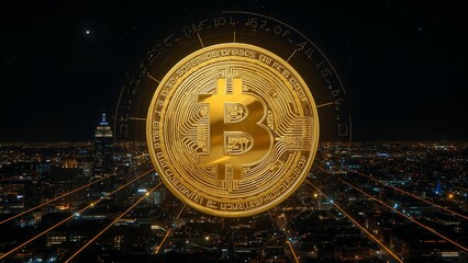 Glowing golden Bitcoin coin symbol hovering above night cityscape, with orange light-beam lines