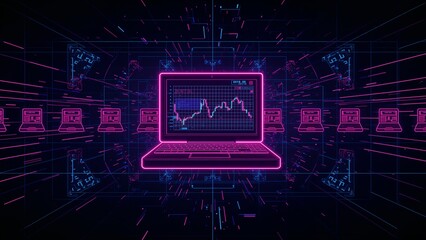 Glowing neon-outlined laptop displaying line chart in grid space, with smaller laptop outlines