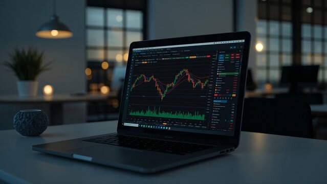 Laptop screen displaying trading chart in shared office during evening, with plant, sphere and lamp - Powered by Adobe