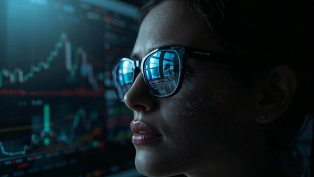 Analyzing woman in reflective specs viewing charts on monitors with holograms in office, copy space - Powered by Adobe