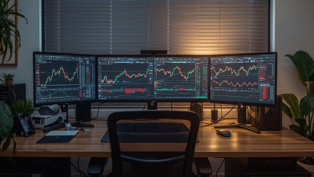 Showing four wide monitors featuring trading charts on desk in home office, with tablet, VR headset