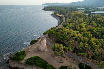 Drone aerial view of the Torre di Cala d'Ostia, a historical nur