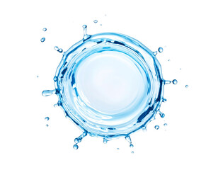 Circular blue water splash with a central vortex viewed from above with radiating droplets.