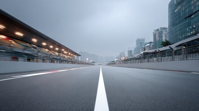 Empty racetrack under overcast sky in an urban environment with tall buildings and floodlights