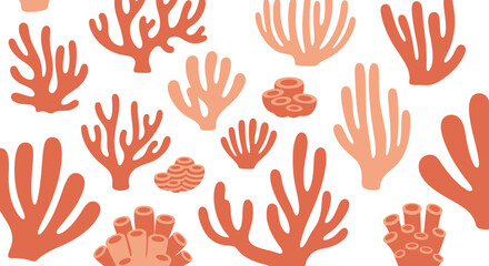 Seamless pattern featuring diverse abstract coral formations in coral hues