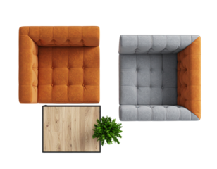 Two-Tone Armchairs with Square Wooden Table, Top-Down View, isolated on transparent background PNG