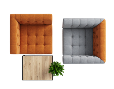 Two-Tone Armchairs with Square Wooden Table, Top-Down View, isolated on transparent background PNG - Powered by Adobe