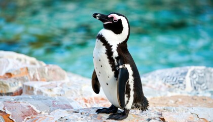 Fototapeta premium Penguin standing on rocky shoreline coastal habitat wildlife photography colorful marine environment side view animal behavior