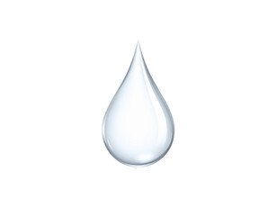 A single glossy transparent water droplet with a perfect teardrop shape and realistic light reflections.