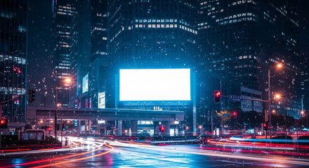 Illuminated billboard amidst blurred traffic trails and towering skyscrapers at night