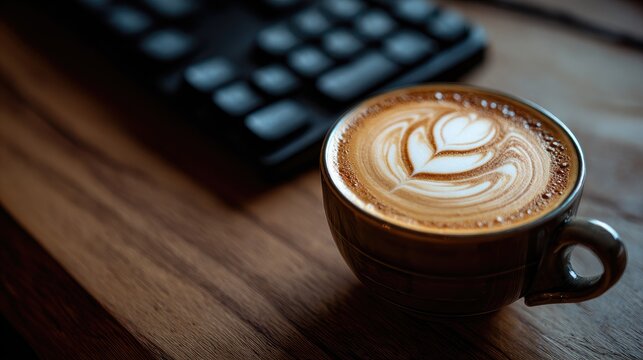 Latte art coffee cup on wooden desk with keyboard in background