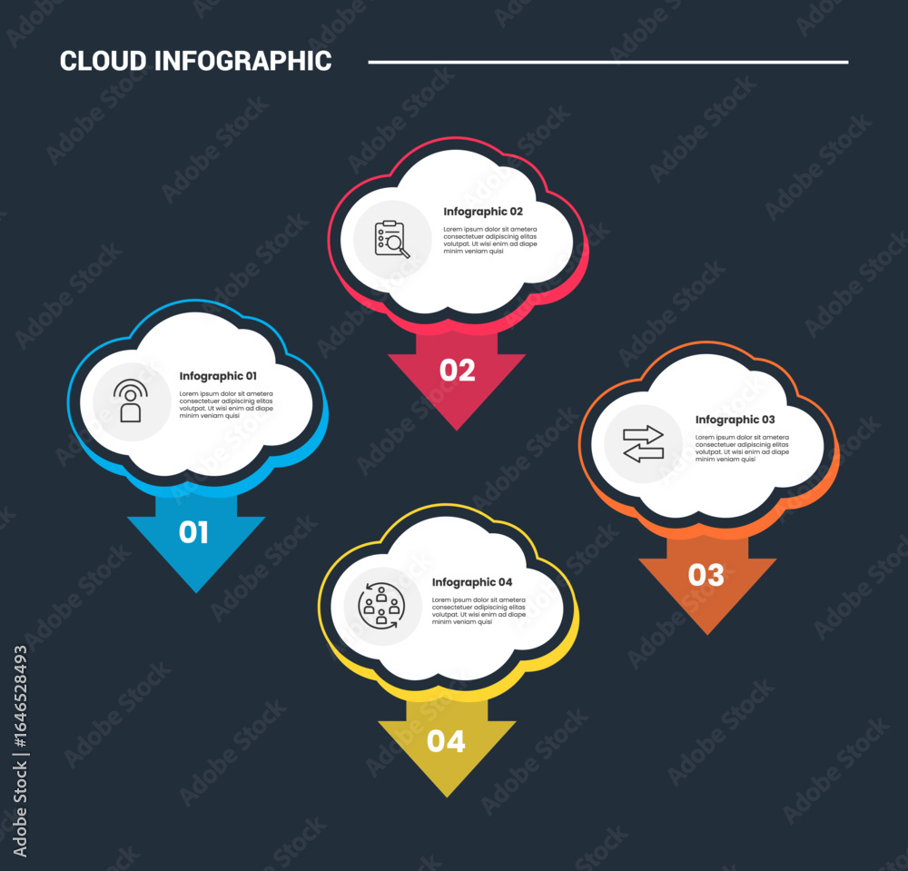 Poster cloud shape infographic process diagram with cloud spreading with big arrow bottom direction with da