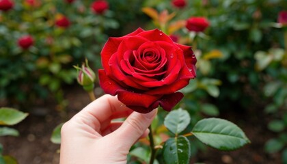 Elegant red rose blooms in lush garden nature photography serene environment close-up view