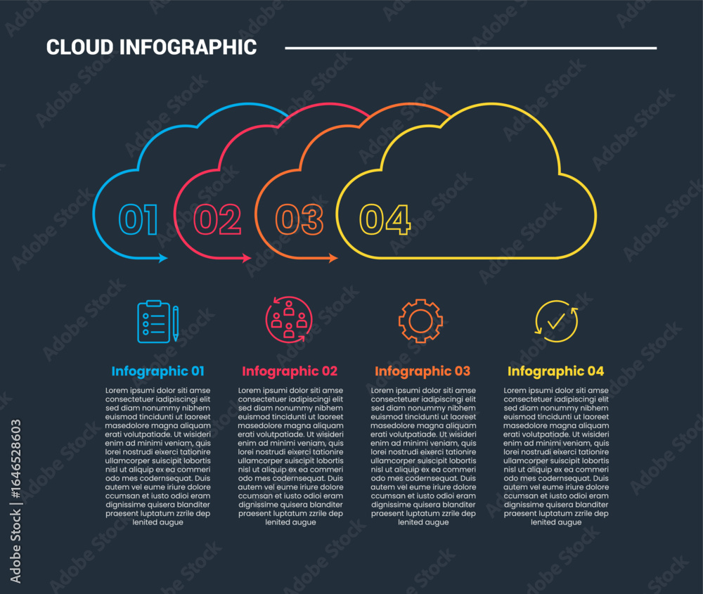 Poster cloud shape infographic process diagram with big cloud stacking layer with dark background bright ou