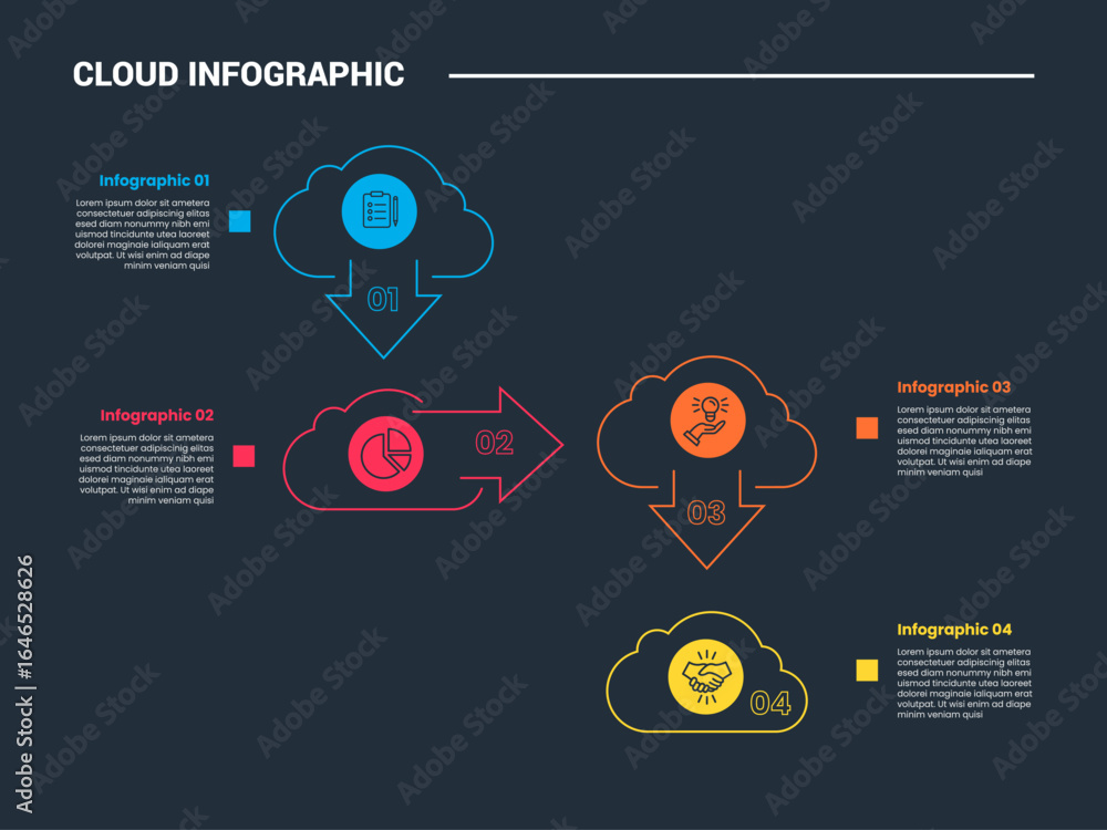 Poster cloud shape infographic process diagram with cloud and arrow pointer direction with dark background 