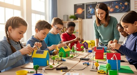 Fototapeta premium Young students and teacher busy working together on a school project. 