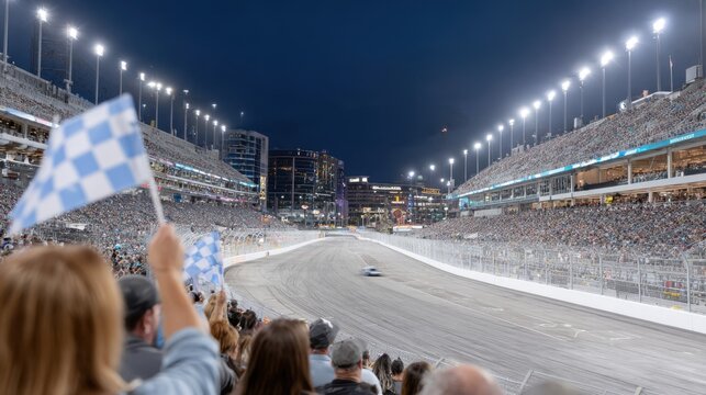 Exciting night race at a packed stadium with enthusiastic fans waving flags