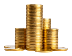 Tall Stack of Shiny Gold Coins with Scattered Coins at Base, Front View, isolated on transparent background PNG