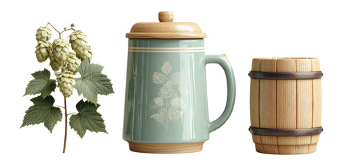 Vintage Green Ceramic Mug with Wooden Lid and Barrel Isolated Image