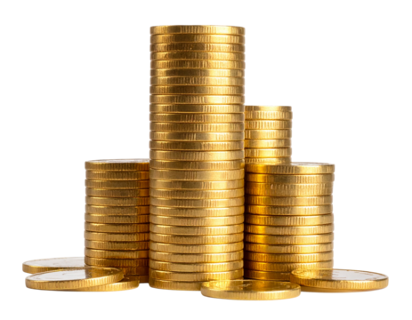 Tall Stack of Shiny Gold Coins with Scattered Coins at Base, Front View, isolated on transparent background PNG