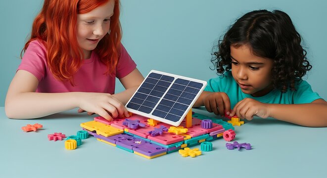 Two young girls collaborate on a creative project using a solar panel and colorful building blocks. 