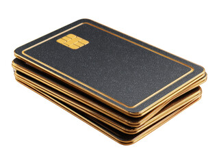 Isolated stack of black credit cards with gold edges on transparent background