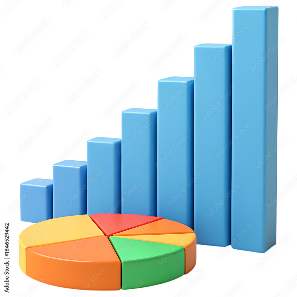 Poster bar chart and pie chart on a transparent background, data visualization, business analytics, financi