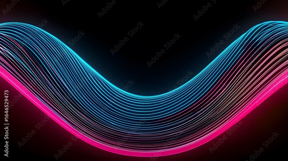 Poster the image features a dynamic abstract arrangement of neon-glowing, thin, parallel lines forming a wa