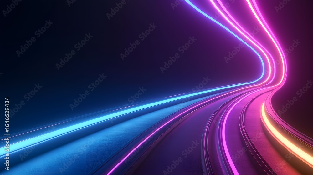 Poster the image features a perspective view of a structure illuminated with neon-like lights in blue, pink