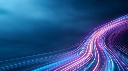 The image showcases a dynamic, abstract composition featuring flowing, luminous lines in shades of blue, pink, and purple against a deep blue background, evoking movement and modernity.