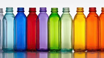 Colorful plastic bottles in a row on white background